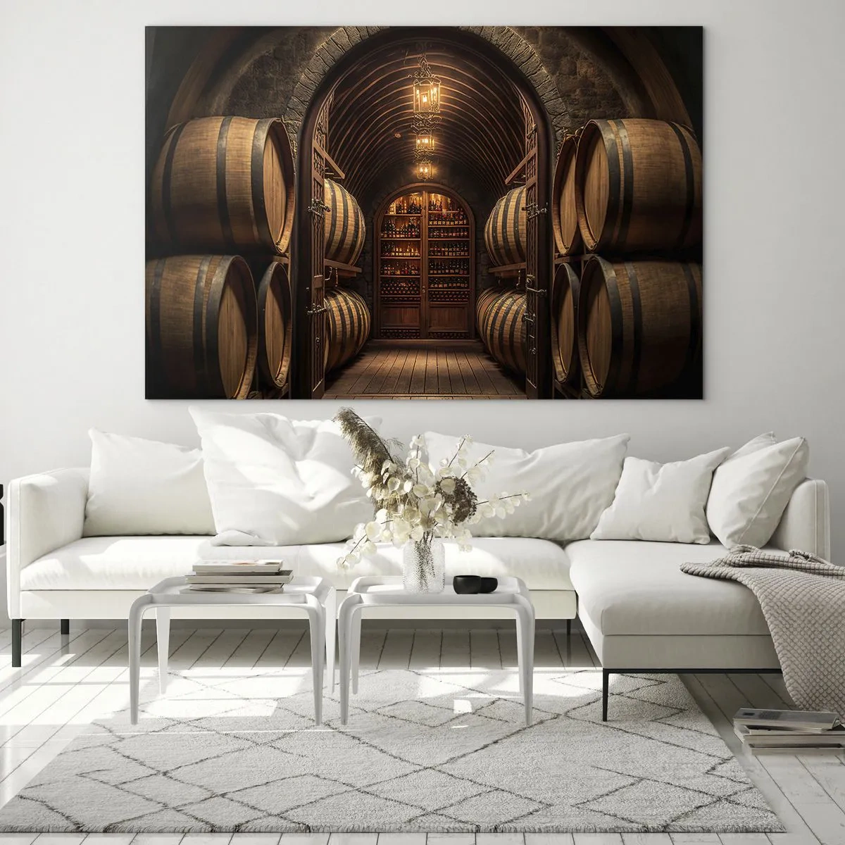 Glastavla - Bild på glas - En vingård med fat och en upplyst källare full av flaskor - 70x50cm - Stämningsfull källare - Modern väggdekoration för vardagsrum och sovrum ARTTOR