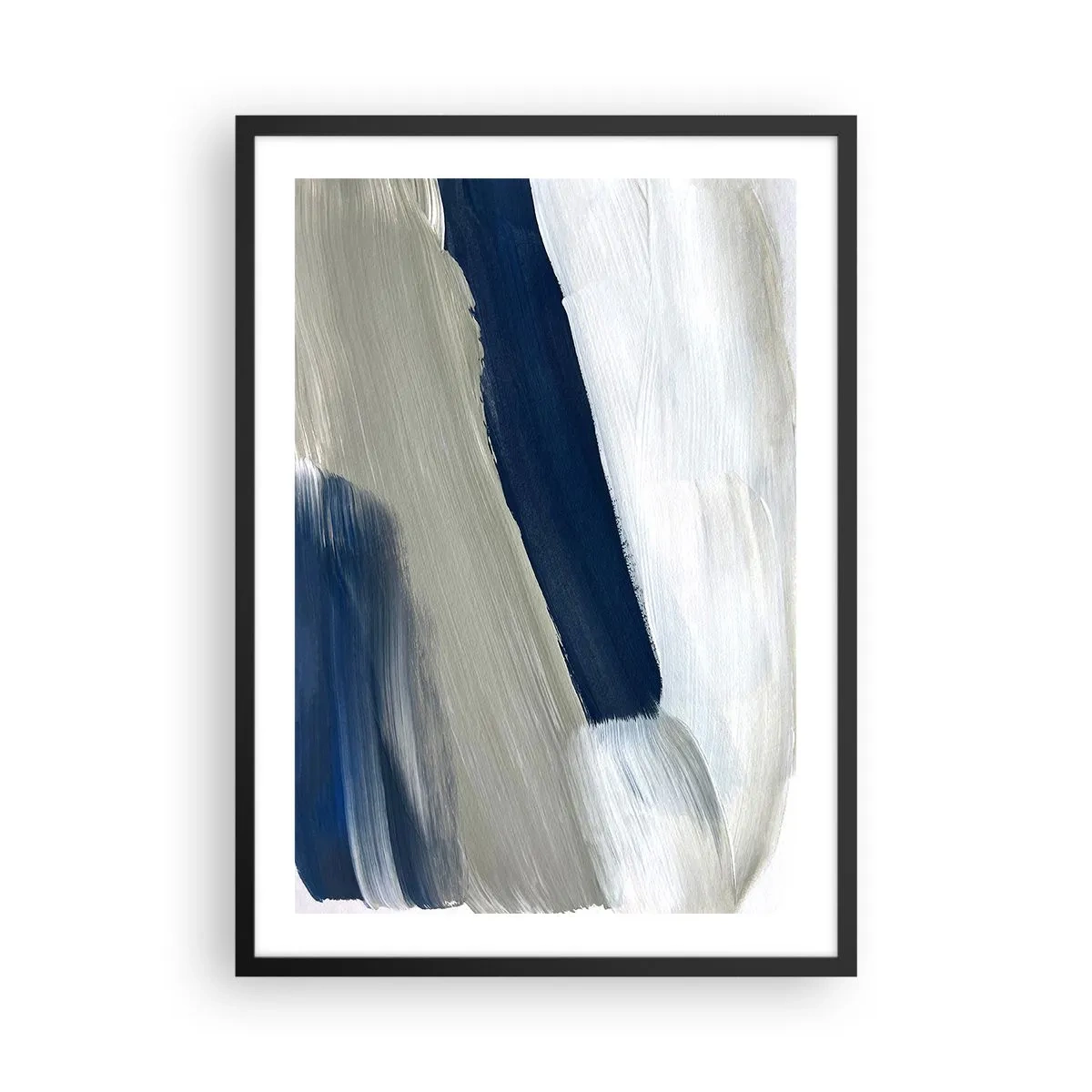 Affisch i svart ram - Abstrakta penseldrag i nyanser av marinblått - 50x70cm - Möte med vitt - Modern väggdekoration för vardagsrum och sovrum ARTTOR