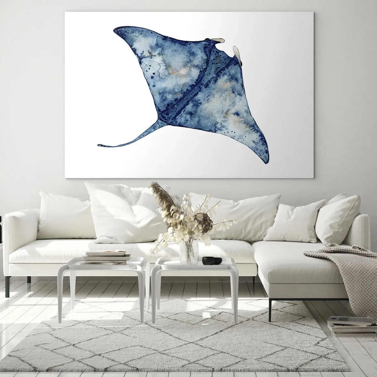 Glastavla - Bild på glas - Marinblå stråle i akvarellstil på vit bakgrund - 70x50cm - Liv i blått - Modern väggdekoration för vardagsrum och sovrum ARTTOR