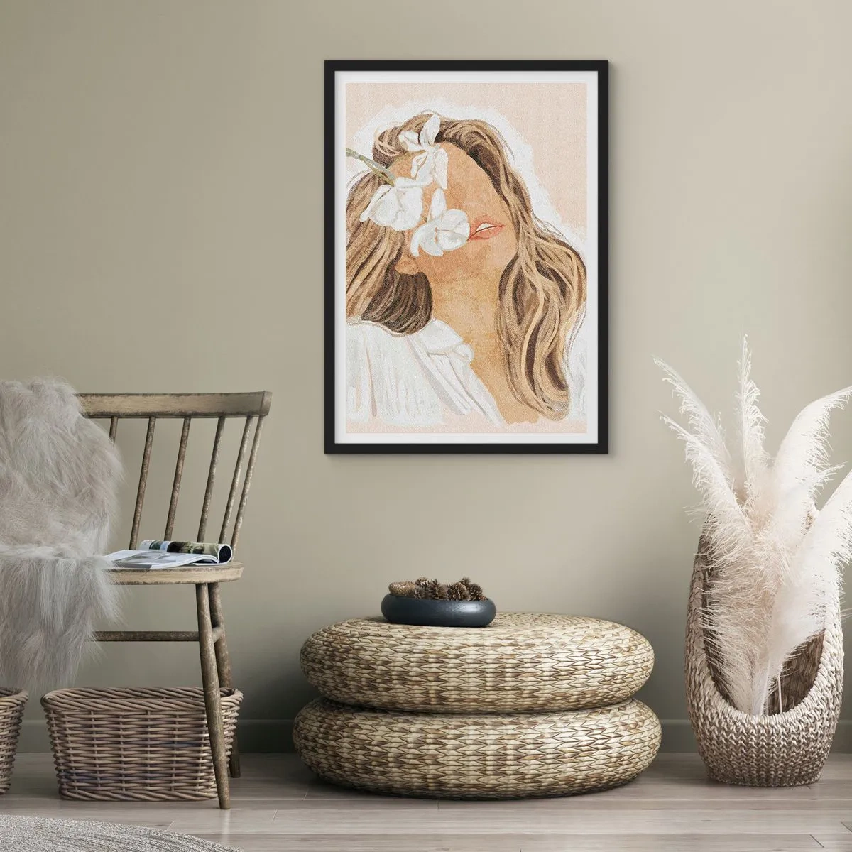 Affisch i svart ram - Porträtt av en kvinna med blommor som täcker hennes ansikte - 50x70cm - Bland blommorna i jubel - Modern väggdekoration för vardagsrum och sovrum ARTTOR