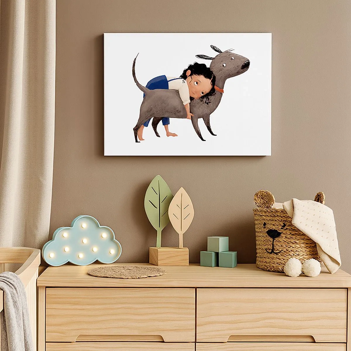 Canvastavla - Bild på duk - Tecknad illustration av ett barn som kramar en hund - 70x50cm - Bästa vänner - Modern väggdekoration för vardagsrum och sovrum ARTTOR