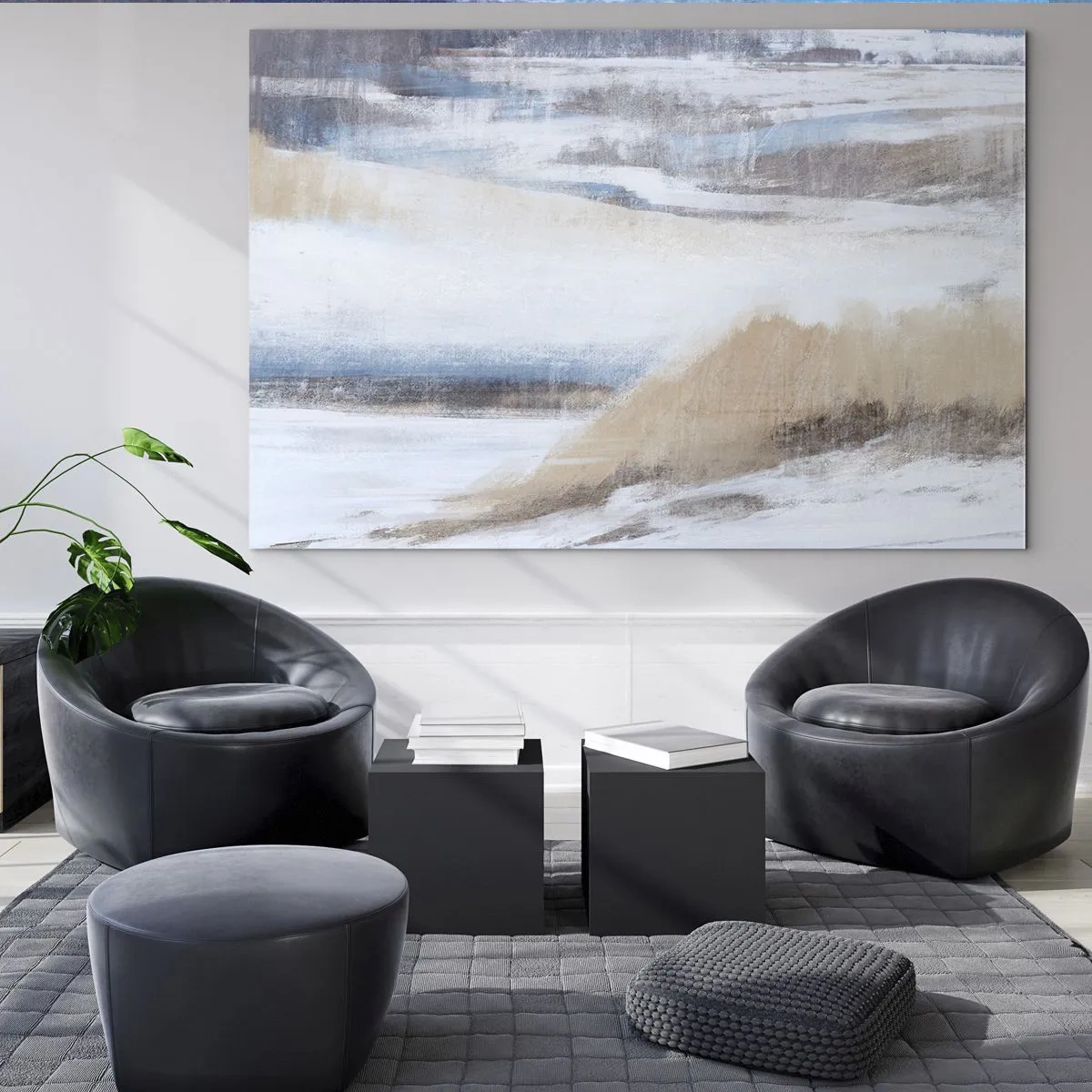 Glastavla - Bild på glas - En delikat abstraktion i svala beige och blå toner. - 70x50cm - Vinterkomposition - Modern väggdekoration för vardagsrum och sovrum ARTTOR