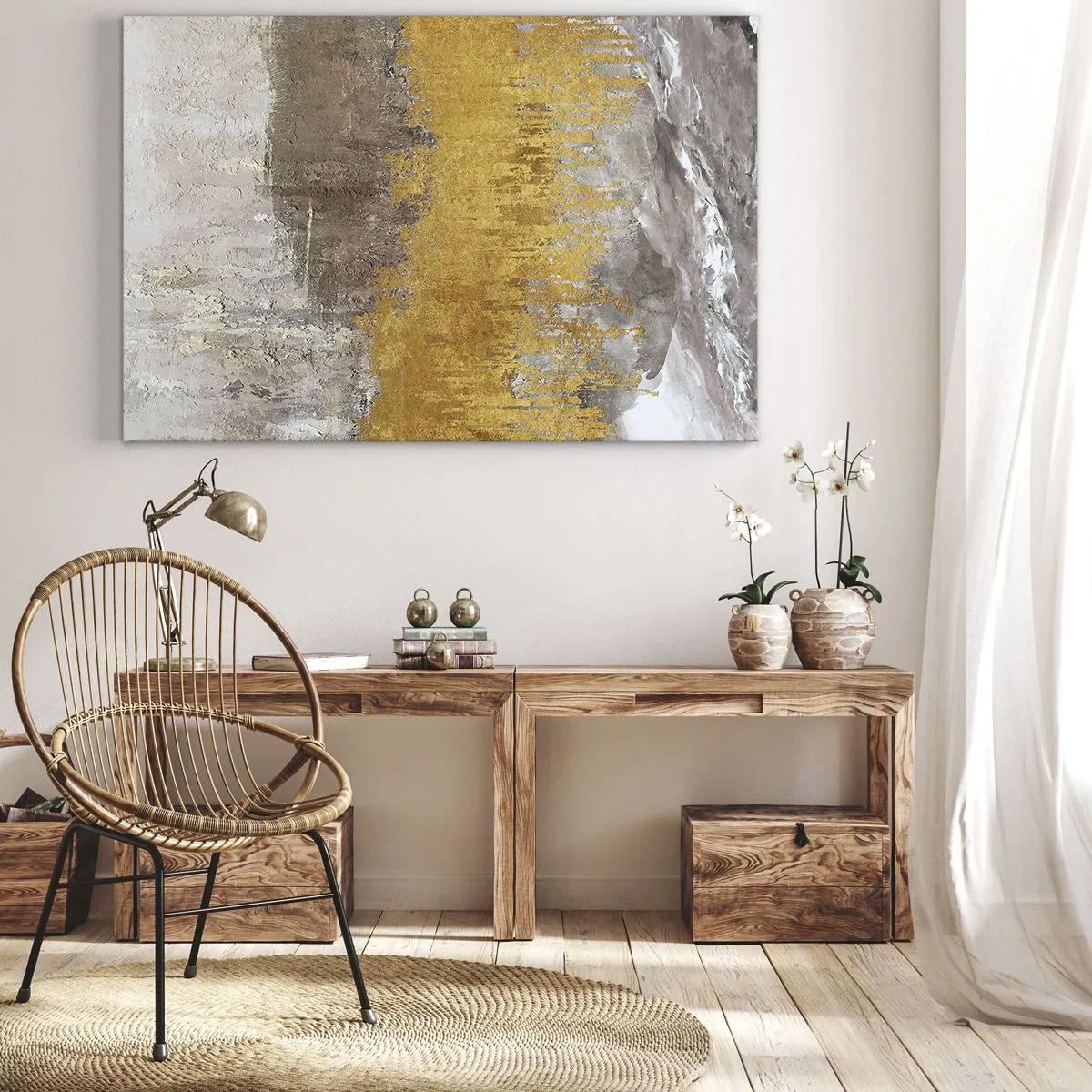 Canvastavla - Bild på duk - Abstrakt mönster i guld och beige - 70x50cm - En gyllene explosion - Modern väggdekoration för vardagsrum och sovrum ARTTOR