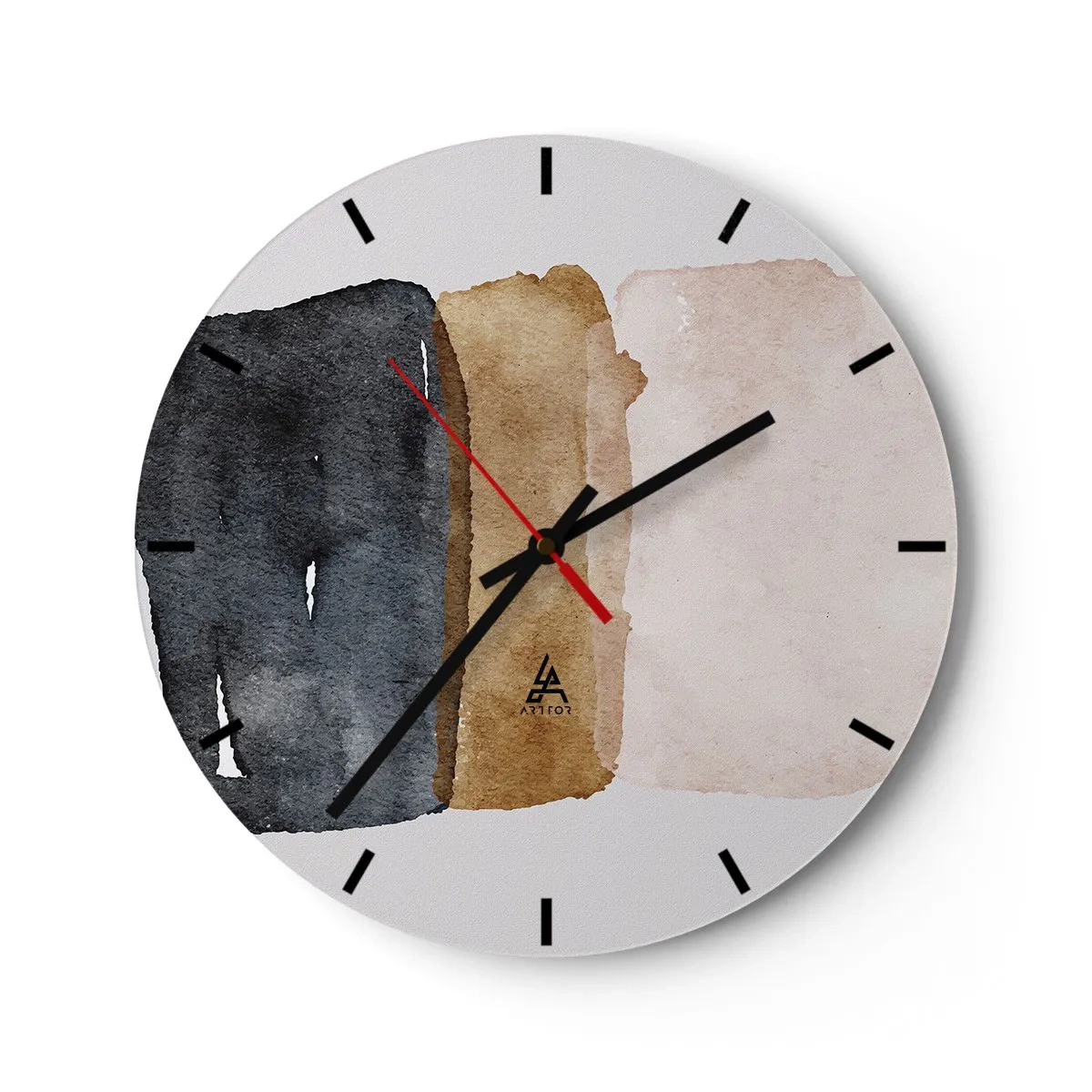 Väggklocka - Klocka på glas - Tre akvarellränder i nyanser av svart, brunt och beige - 30x30cm - Komposition av jordens färger - Modern väggdekoration för vardagsrum, kök och sovrum ARTTOR