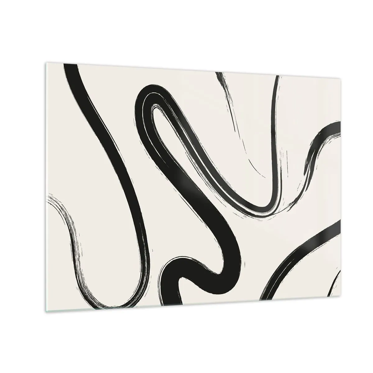 Glastavla - Bild på glas - Dynamiska svarta linjer mot en ljus bakgrund i abstrakt stil. - 70x50cm - Svart och vit elegans - Modern väggdekoration för vardagsrum och sovrum ARTTOR