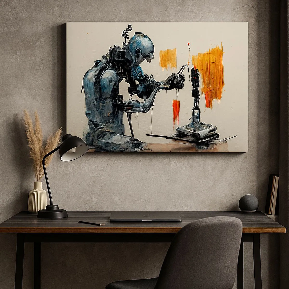 Canvastavla - Bild på duk - Robot på jobbet med abstrakt bakgrund - 70x50cm - Kommer i morgon... - Modern väggdekoration för vardagsrum och sovrum ARTTOR