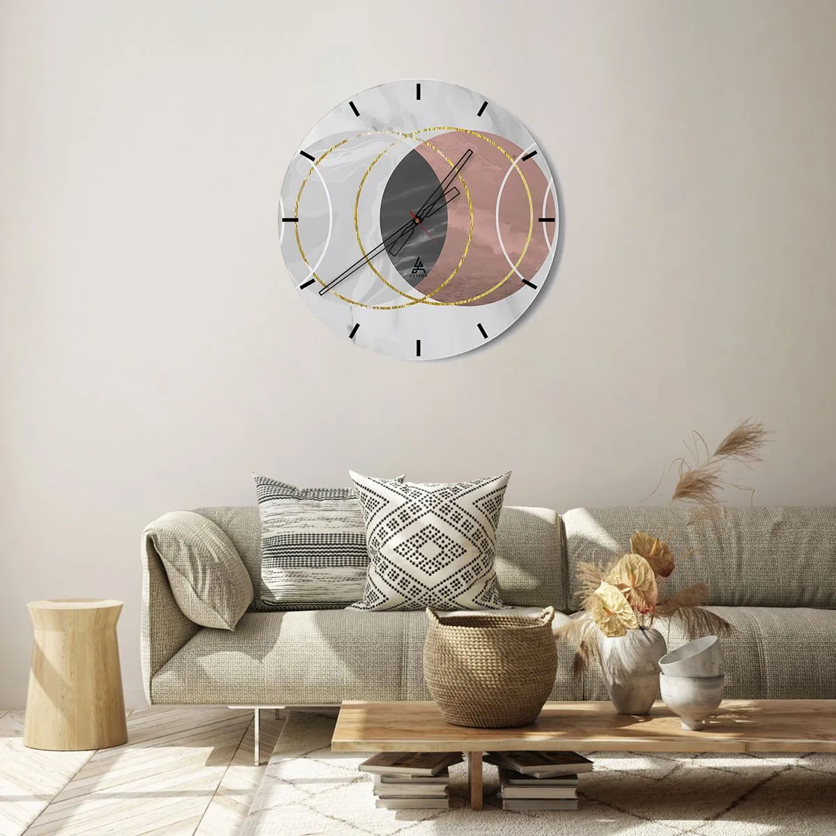 Väggklocka - Klocka på glas - Geometriska cirklar i nyanser av grått och koppar med gulddetaljer - 30x30cm - Sfärernas musik - Modern väggdekoration för vardagsrum, kök och sovrum ARTTOR