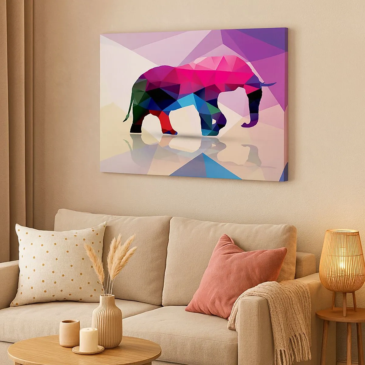 Canvastavla - Bild på duk - Geometrisk silhuett av en elefant i livfulla färger - 70x50cm - Kristalldinosaurie - Modern väggdekoration för vardagsrum och sovrum ARTTOR
