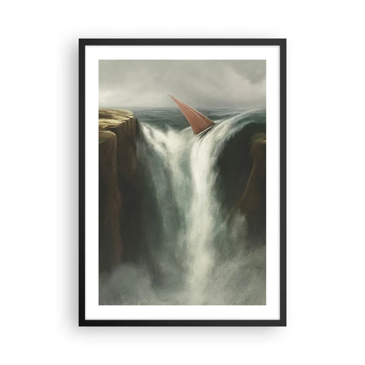 Affisch i svart ram - En segelbåt faller över ett vattenfall i ett surrealistiskt landskap. - 50x70cm - Livets varning - Modern väggdekoration för vardagsrum och sovrum ARTTOR