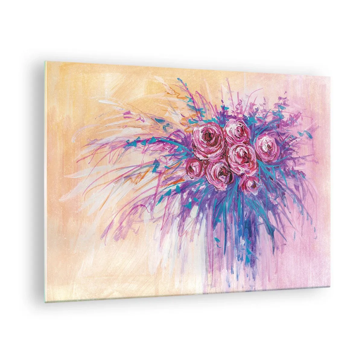 Glastavla - Bild på glas - En bukett rosor i nyanser av rosa och lila mot en pastellbakgrund - 70x50cm - Rosfontän - Modern väggdekoration för vardagsrum och sovrum ARTTOR