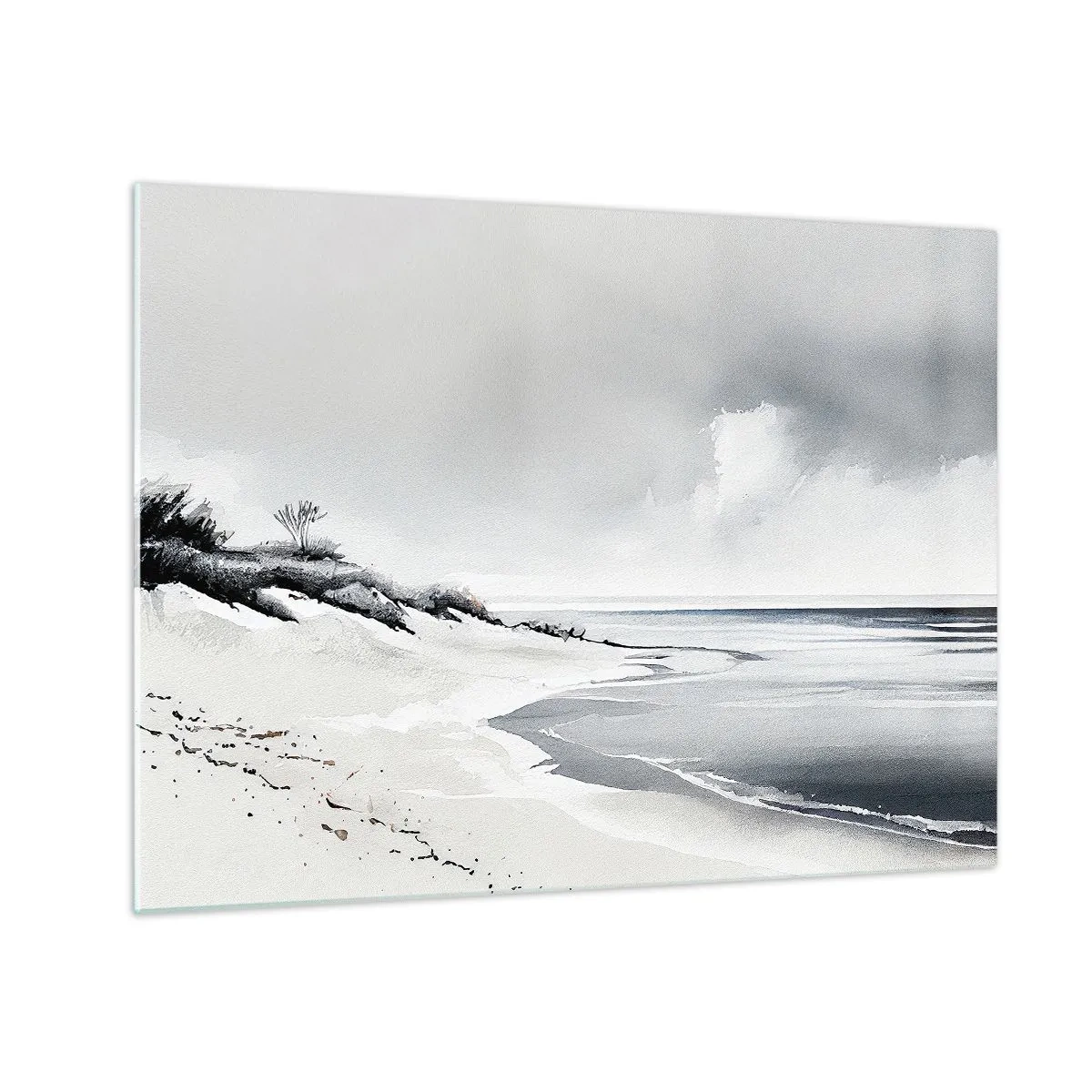 Glastavla - Bild på glas - Svartvit strand med horisont och lugnt hav - 70x50cm - Alltid tillsammans - Modern väggdekoration för vardagsrum och sovrum ARTTOR