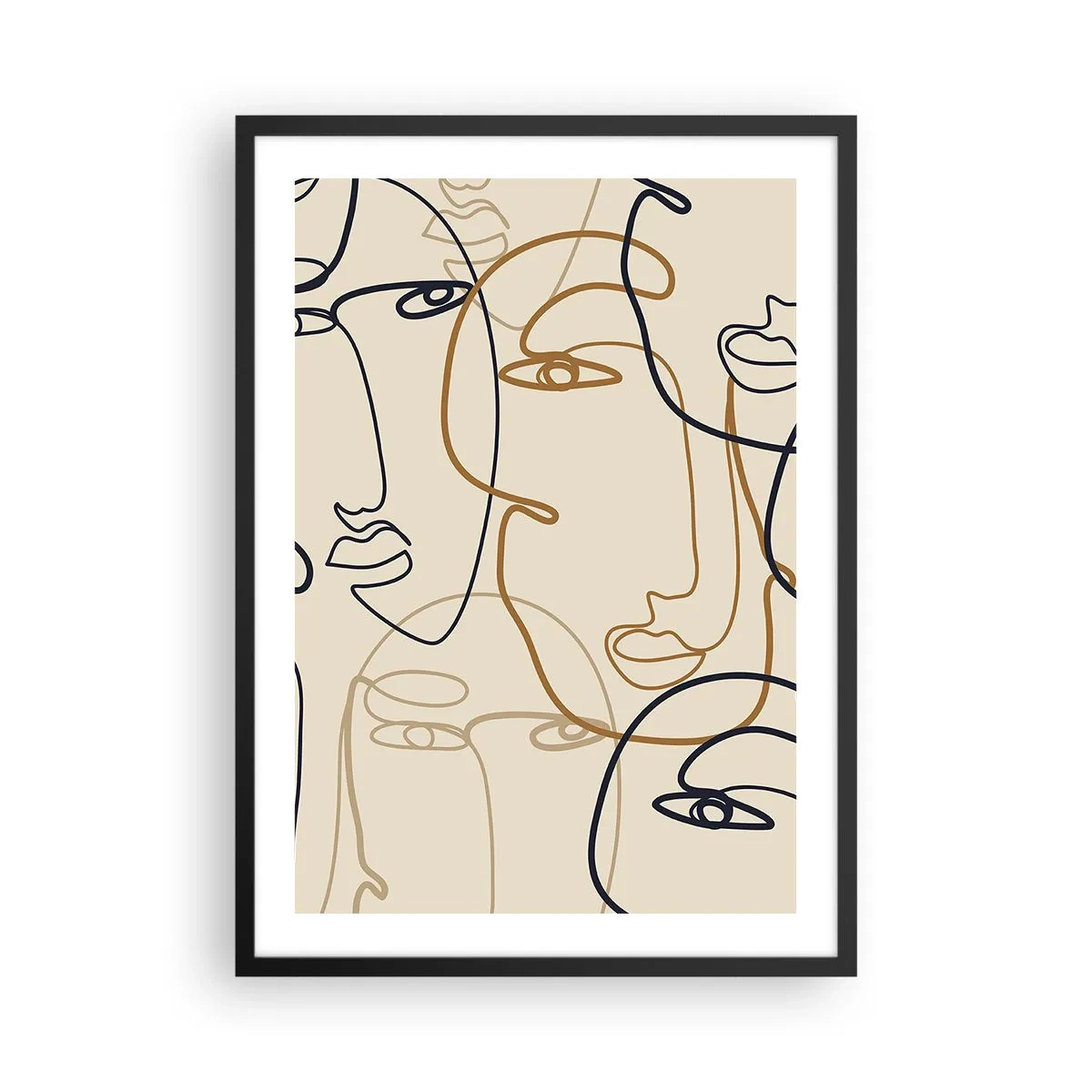 Affisch i svart ram - Minimalistiska teckningar av ansikten mot en beige bakgrund - 50x70cm - Mångfaldigad porträtt - Modern väggdekoration för vardagsrum och sovrum ARTTOR