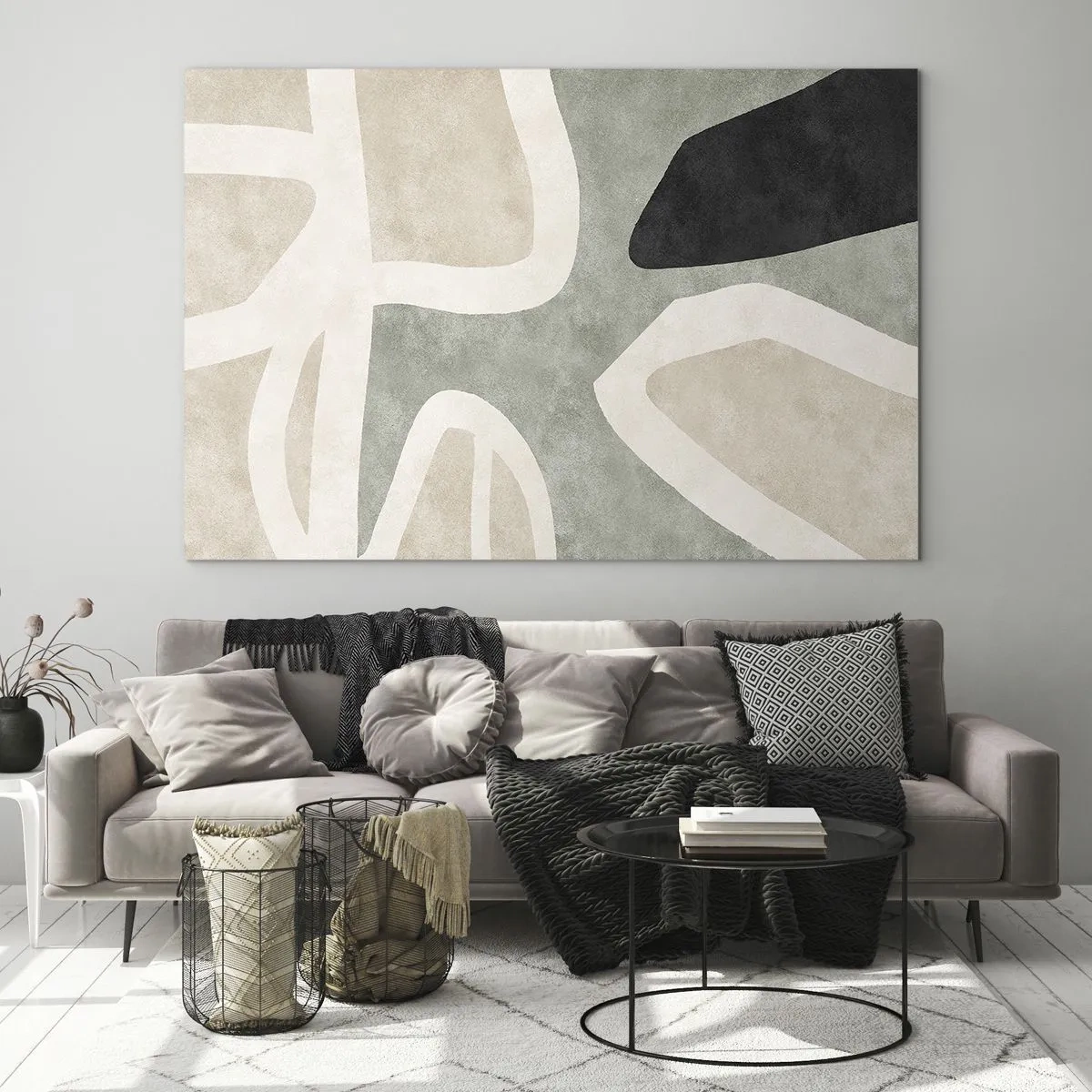 Glastavla - Bild på glas - Abstrakta former i beige och grönt med en touch av svart - 70x50cm - Komposition med svart motiv - Modern väggdekoration för vardagsrum och sovrum ARTTOR