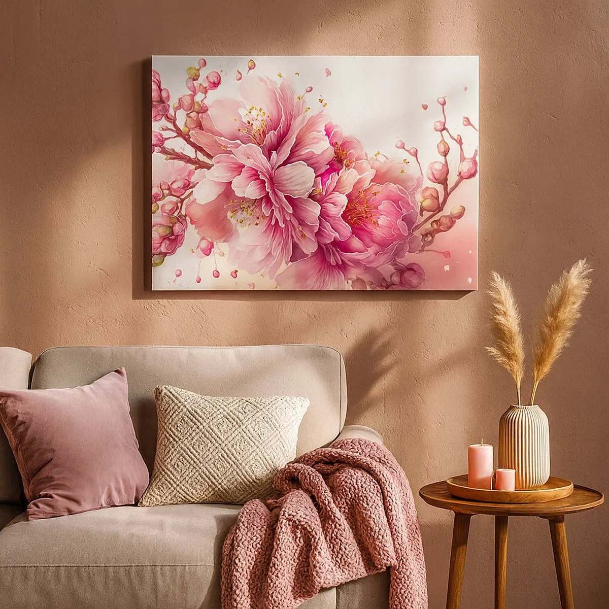 Canvastavla - Bild på duk - Fina körsbärsblommor i full blom mot en ljus bakgrund - 70x50cm - Blommande körsbärsblomma - Modern väggdekoration för vardagsrum och sovrum ARTTOR
