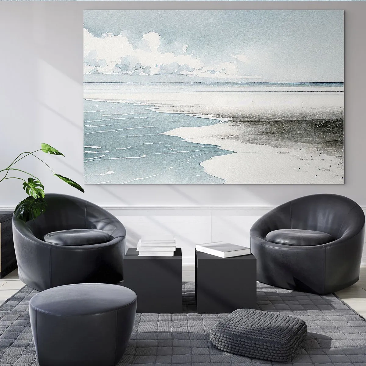 Glastavla - Bild på glas - Ett lugnt havslandskap i akvarellstil i blå nyanser. - 70x50cm - Milt tidvatten - Modern väggdekoration för vardagsrum och sovrum ARTTOR
