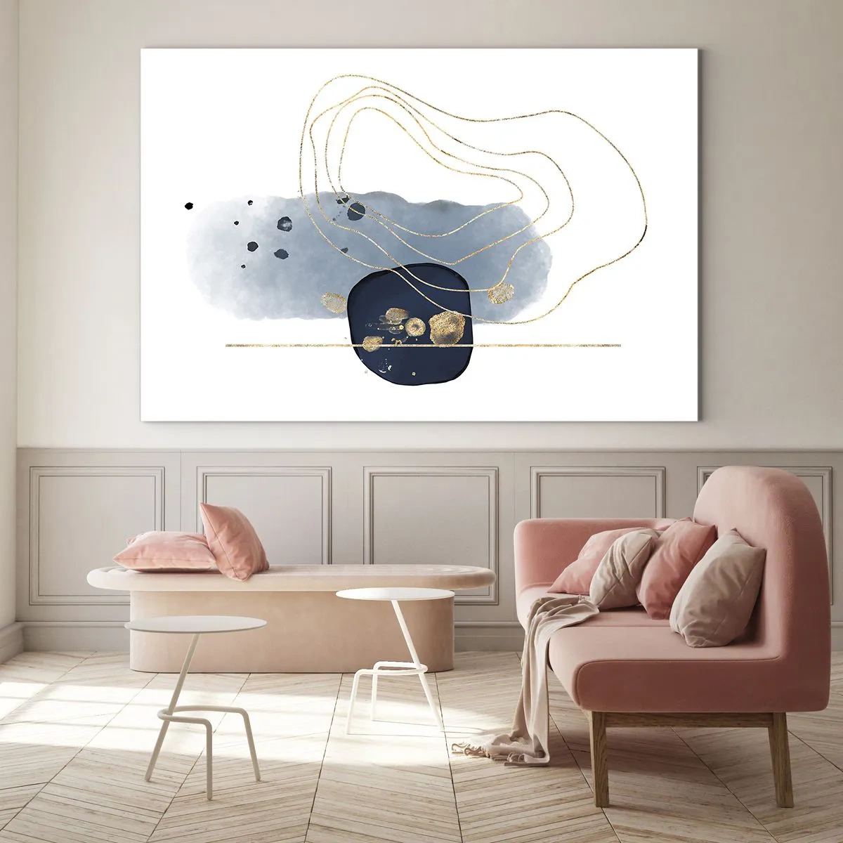 Glastavla - Bild på glas - Abstrakt komposition i blå och guldtoner - 70x50cm - Blå-guld fantasi - Modern väggdekoration för vardagsrum och sovrum ARTTOR