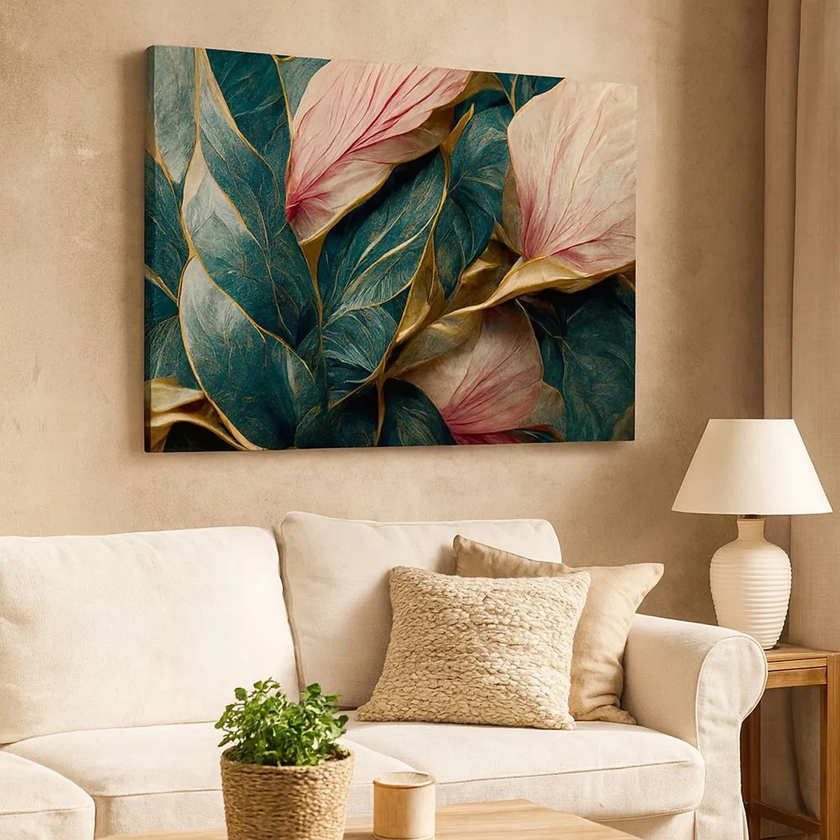 Canvastavla - Bild på duk - Eleganta blad i grönt, guld och rosa - 70x50cm - Naturlig elegans och stil - Modern väggdekoration för vardagsrum och sovrum ARTTOR