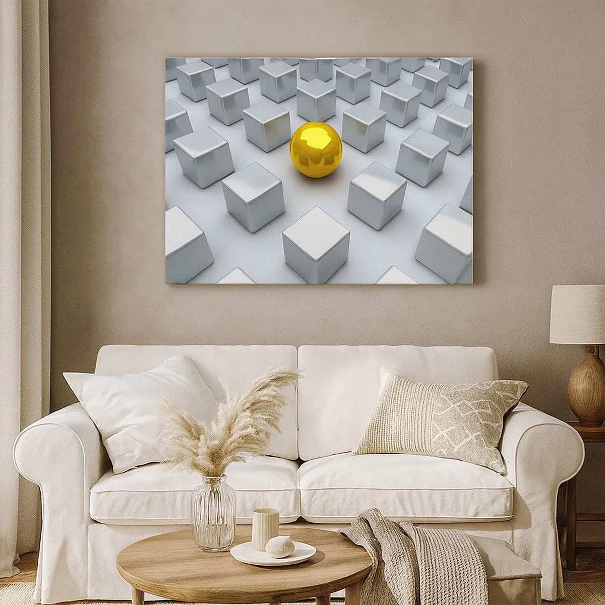 Canvastavla - Bild på duk - En gyllene sfär som sticker ut bland silverkuberna - 70x50cm - Varför jag? Geometrisk komposition - Modern väggdekoration för vardagsrum och sovrum ARTTOR