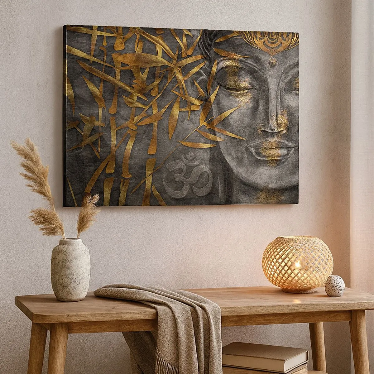 Canvastavla - Bild på duk - Zen Buddha-bild med gyllene bambu - 70x50cm - Känn lugnet - Modern väggdekoration för vardagsrum och sovrum ARTTOR
