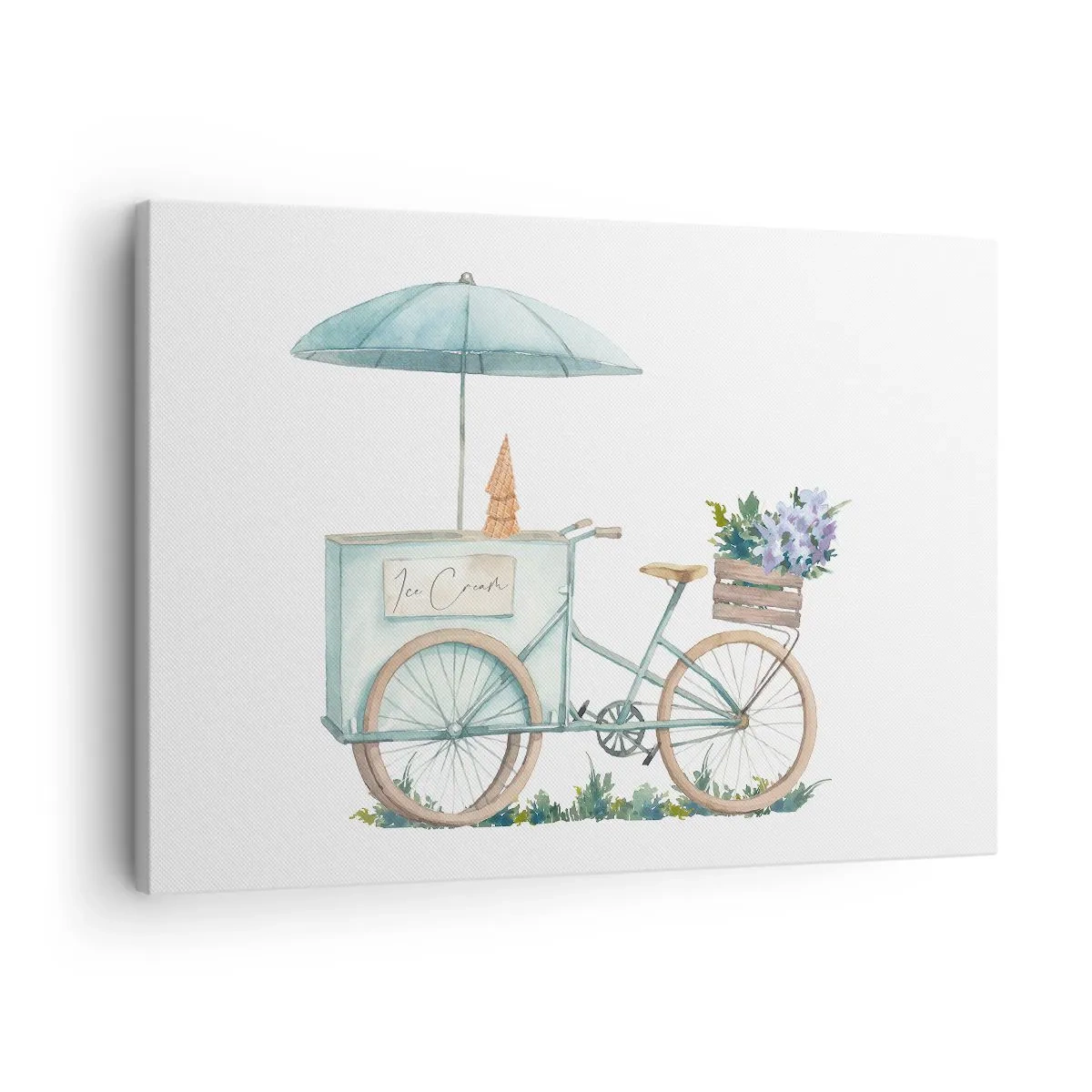 Canvastavla - Bild på duk - En cykel med glass och blommor under ett paraply i delikata pastellfärger - 70x50cm - Sött minne av sommaren - Modern väggdekoration för vardagsrum och sovrum ARTTOR