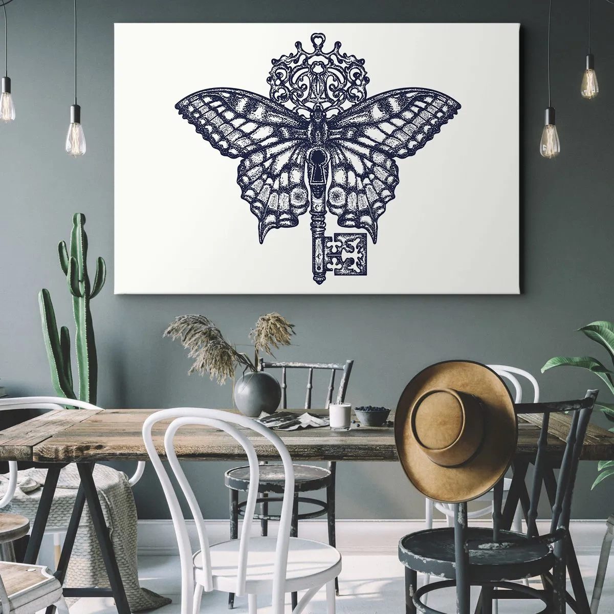 Canvastavla - Bild på duk - Snygg fjärils- och nyckelgrafik i minimalistisk stil - 70x50cm - Hjärtats alla hemligheter - Modern väggdekoration för vardagsrum och sovrum ARTTOR