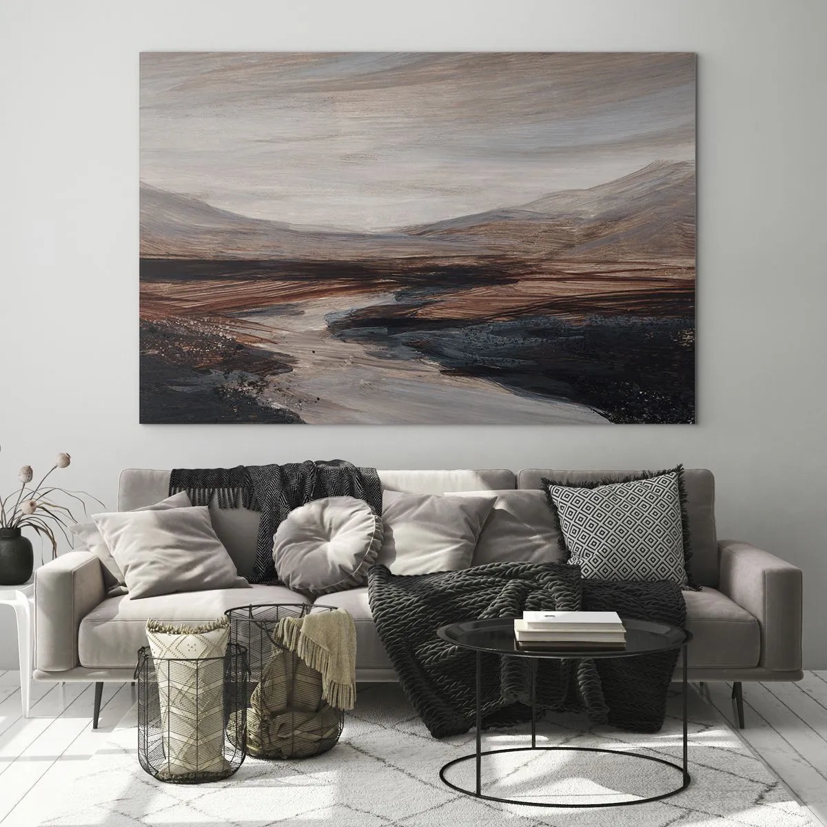 Glastavla - Bild på glas - En pittoresk dal med en flod i nyanser av brunt och blått - 70x50cm - Fridfull dal - Modern väggdekoration för vardagsrum och sovrum ARTTOR
