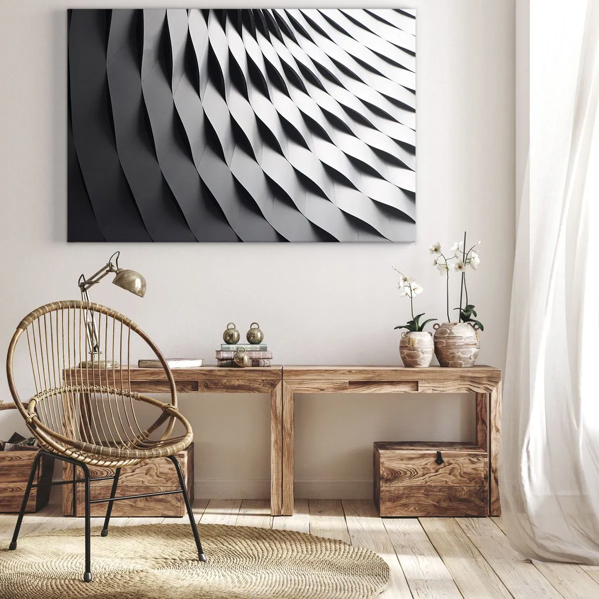 Canvastavla - Bild på duk - Abstrakt geometriskt mönster i svarta och vita nyanser - 70x50cm - På vågornas yta - Modern väggdekoration för vardagsrum och sovrum ARTTOR