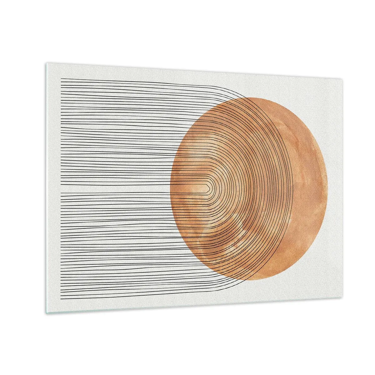 Glastavla - Bild på glas - Geometrisk form med koncentriska linjer och en gyllene cirkel - 70x50cm - En solig komposition - Modern väggdekoration för vardagsrum och sovrum ARTTOR