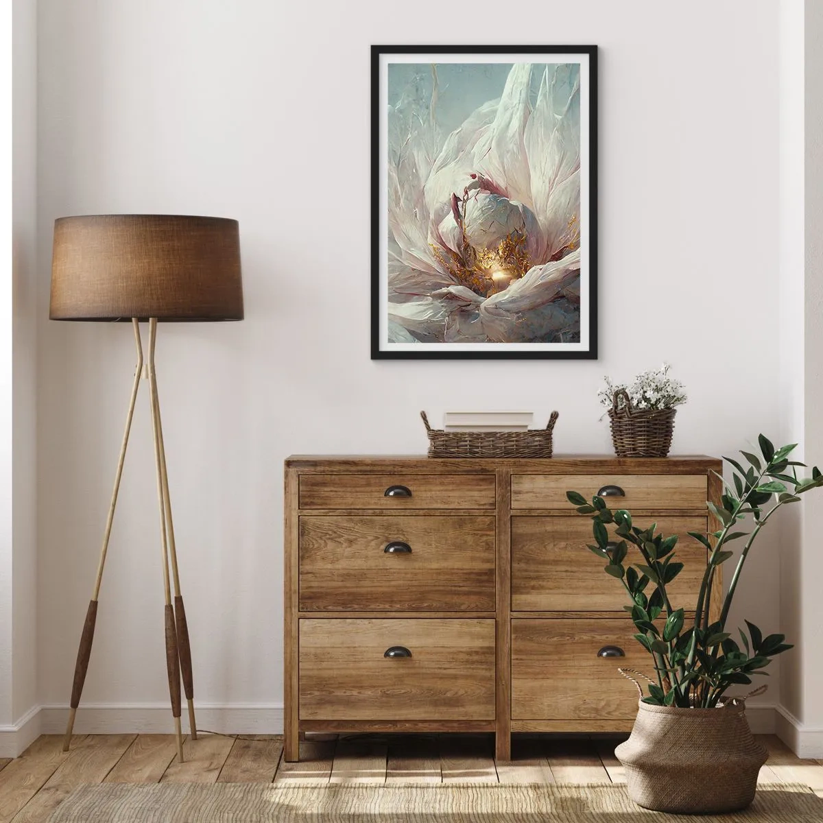 Affisch i svart ram - En subtil abstraktion med ett blomstermotiv i fina nyanser av vitt och guld. - 50x70cm - Blommar en gång på hundra år - Modern väggdekoration för vardagsrum och sovrum ARTTOR
