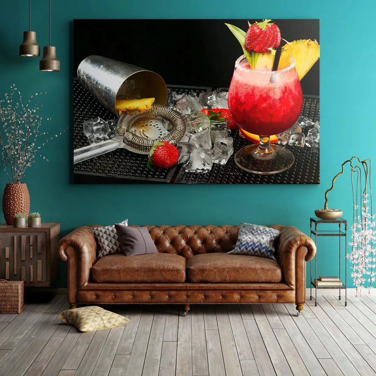 Canvastavla - Bild på duk - En färgglad cocktail med jordgubbar, is och ananas - 70x50cm - Trolla fram smaken - Modern väggdekoration för vardagsrum och sovrum ARTTOR