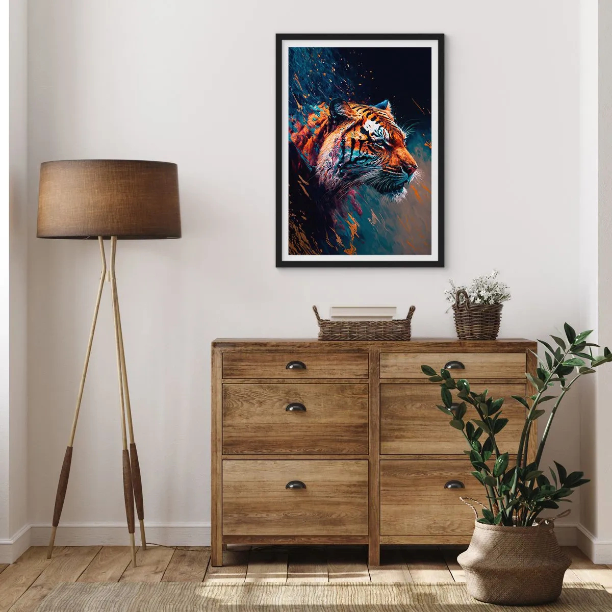 Affisch i svart ram - Ett dynamiskt porträtt av en tiger i konstnärlig stil - 50x70cm - Vild skönhet - Modern väggdekoration för vardagsrum och sovrum ARTTOR
