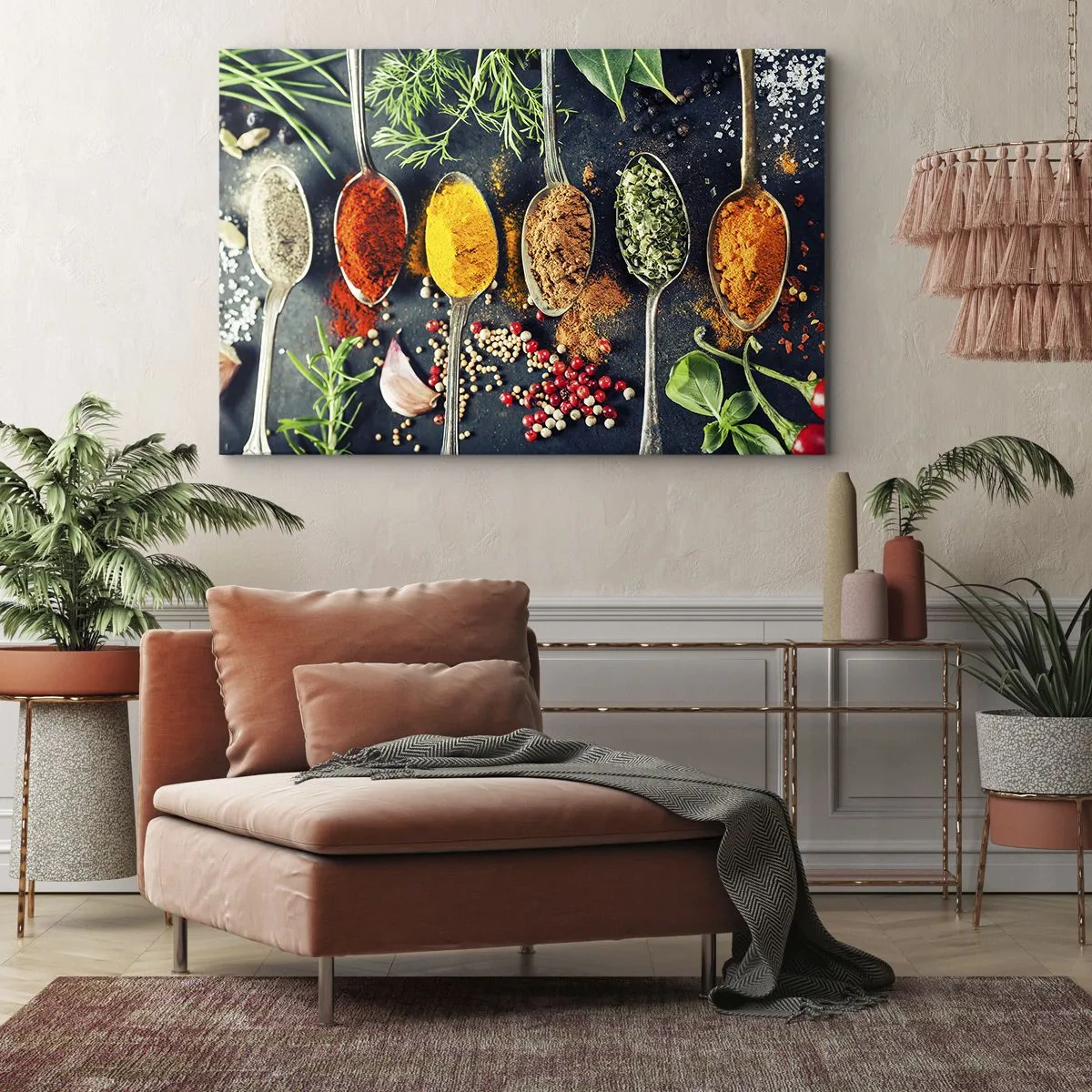 Canvastavla - Bild på duk - Färgglada kryddor på skedar med örter i bakgrunden - 70x50cm - Kulinarisk magi - Modern väggdekoration för vardagsrum och sovrum ARTTOR