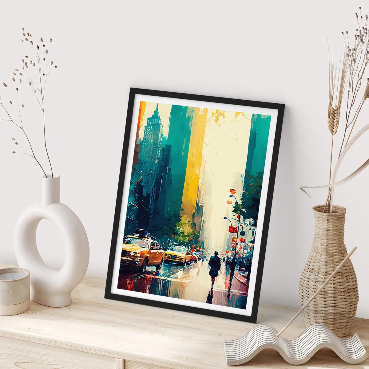 Affisch i svart ram - En färgglad gata i en storstad med gula taxibilar - 50x70cm - New York - här är till och med regnet färgstarkt - Modern väggdekoration för vardagsrum och sovrum ARTTOR