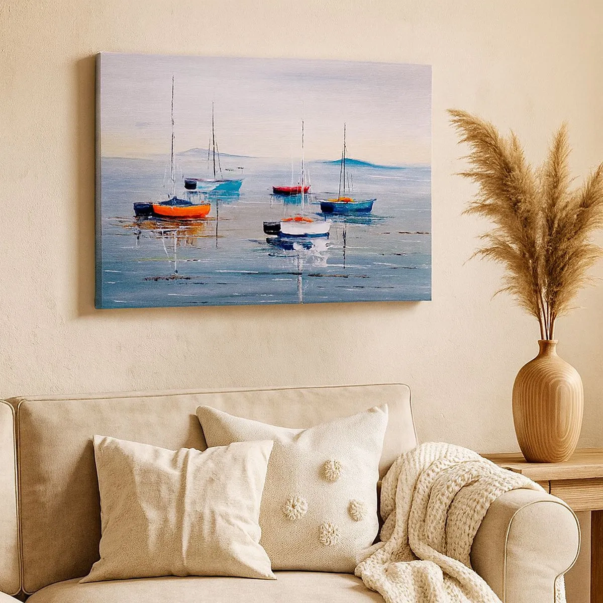 Canvastavla - Bild på duk - Färgglada båtar på lugnt vatten - 70x50cm - En välförtjänt vila - Modern väggdekoration för vardagsrum och sovrum ARTTOR