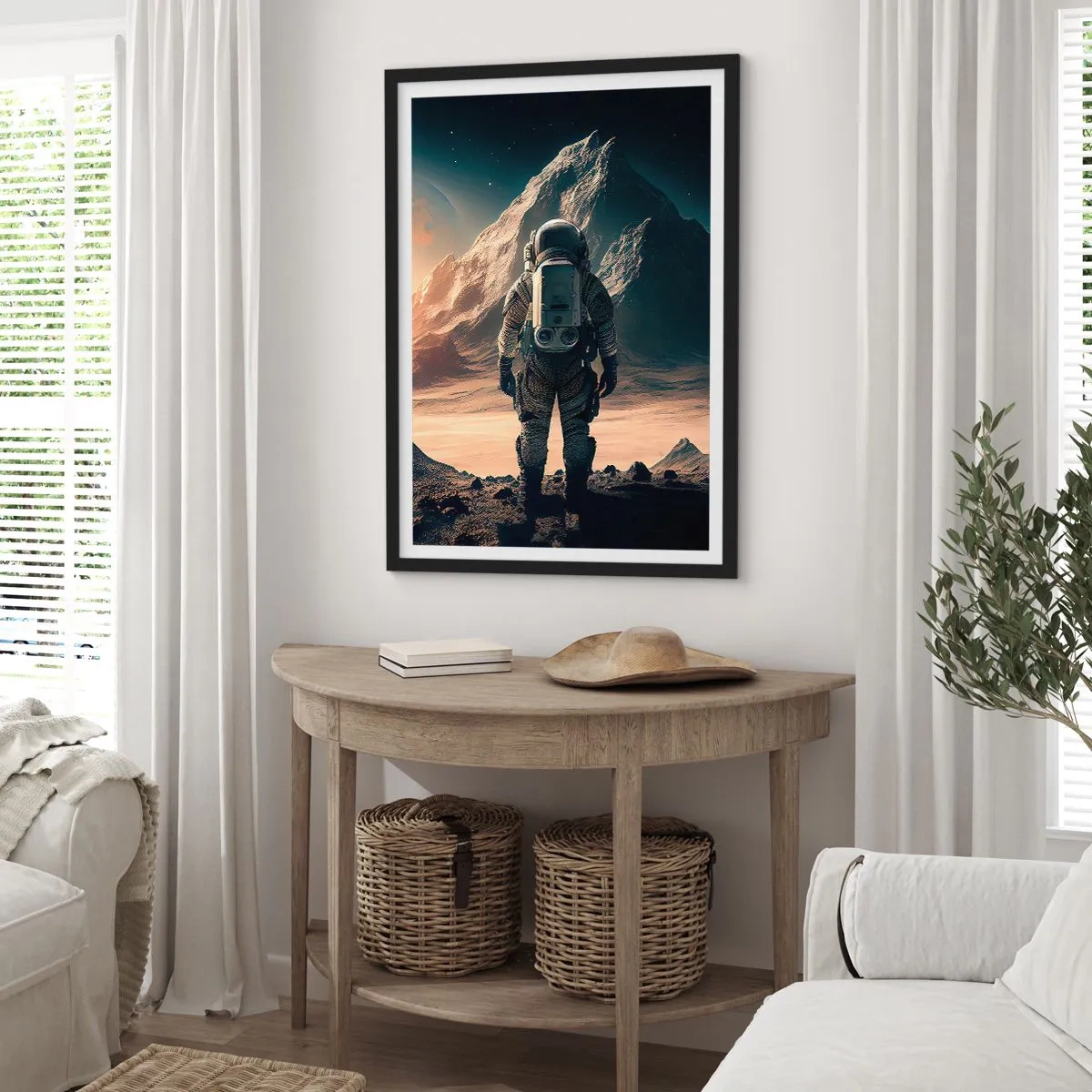 Affisch i svart ram - Astronaut på en främmande planet i stjärnljuset - 50x70cm - En ny utmaning - Modern väggdekoration för vardagsrum och sovrum ARTTOR