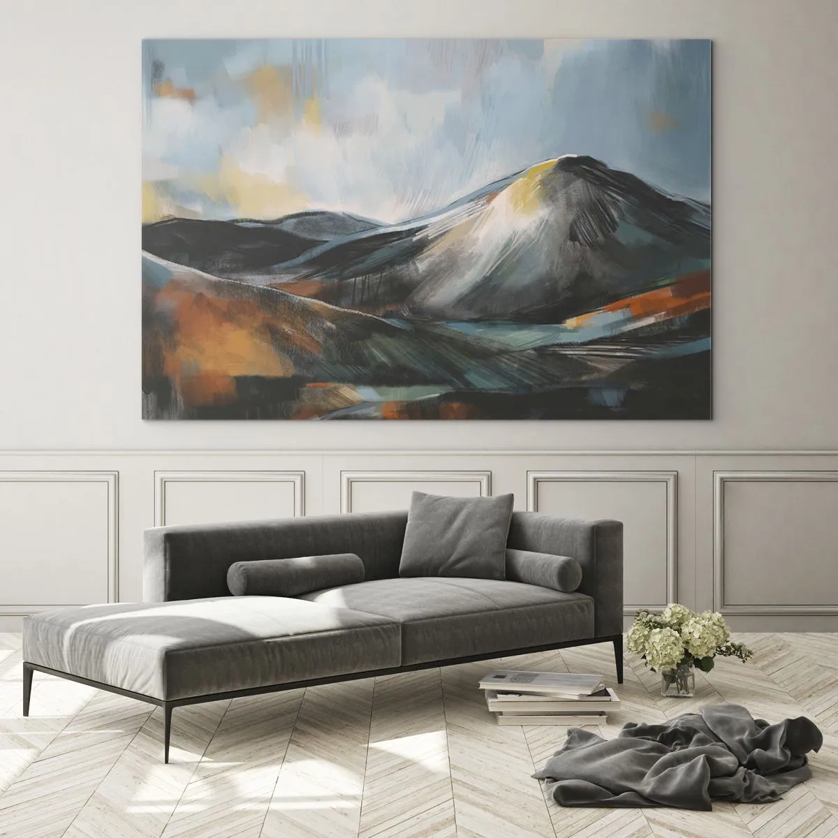 Glastavla - Bild på glas - Ett måleriskt bergslandskap i varma och kalla färger - 70x50cm - Råa och vackra - Modern väggdekoration för vardagsrum och sovrum ARTTOR