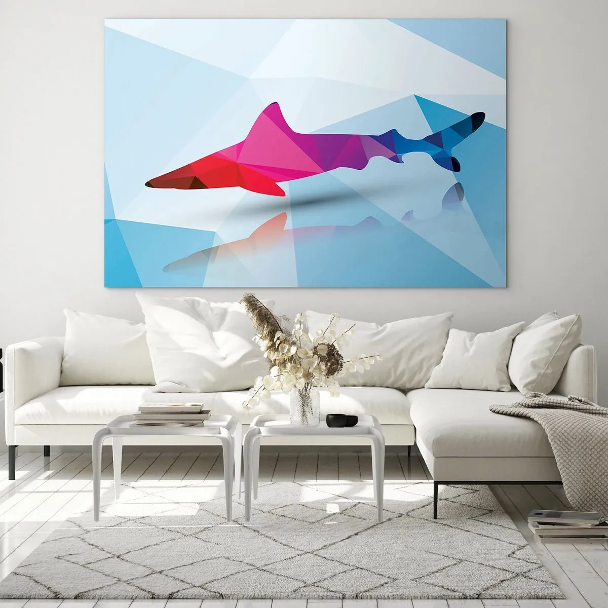 Glastavla - Bild på glas - Geometrisk haj i nyanser av rött och blått - 70x50cm - Haj i kristallrummet - Modern väggdekoration för vardagsrum och sovrum ARTTOR