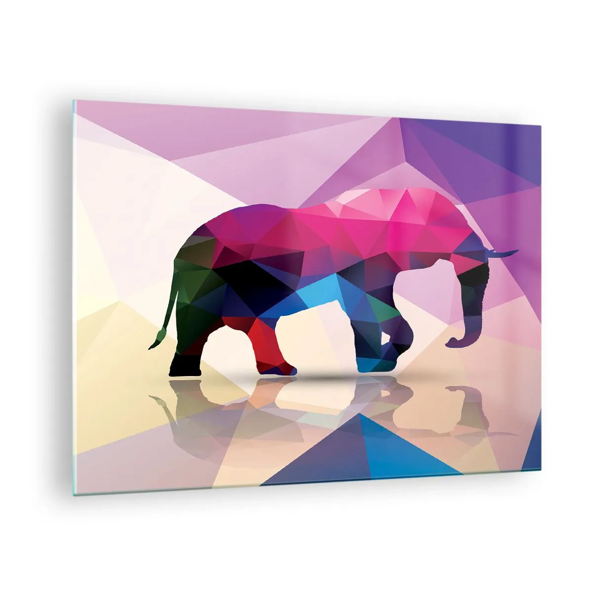 Glastavla - Bild på glas - Geometrisk elefant i vibrerande färgglad abstraktion - 70x50cm - Kristalldinosaurie - Modern väggdekoration för vardagsrum och sovrum ARTTOR