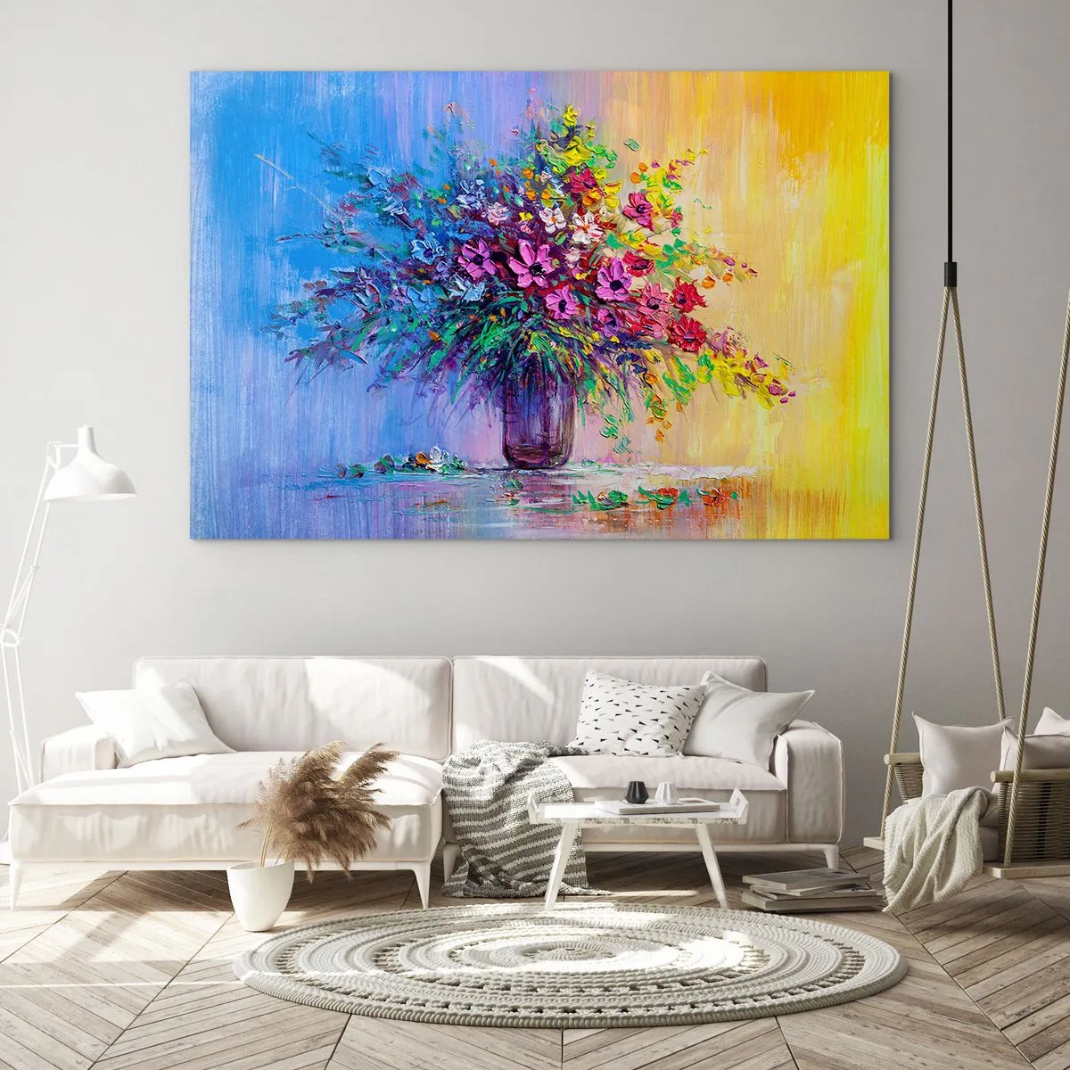 Glastavla - Bild på glas - En färgglad blombukett i en vas på en abstrakt bakgrund - 70x50cm - Sommarängens gåva - Modern väggdekoration för vardagsrum och sovrum ARTTOR
