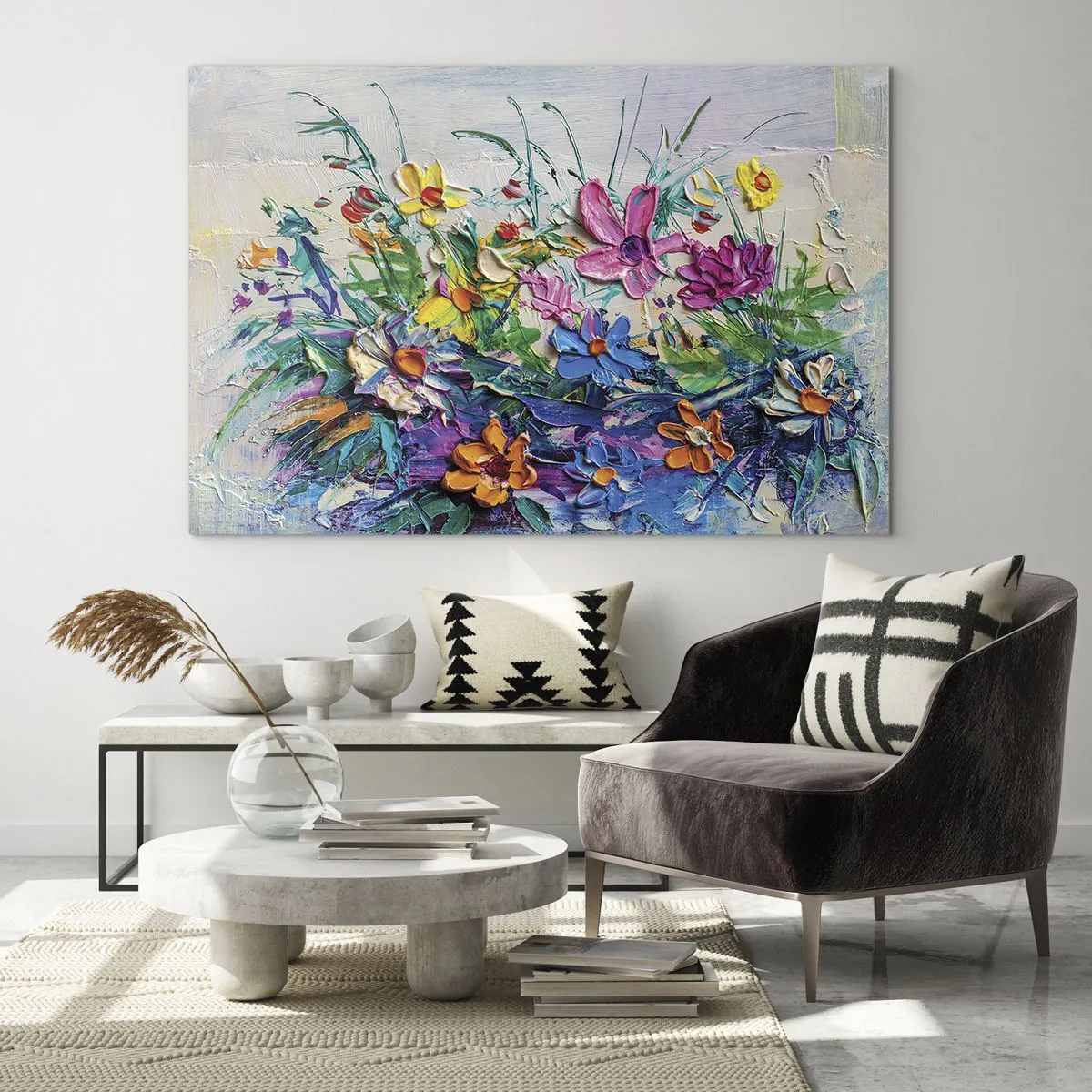 Glastavla - Bild på glas - Ett färgglatt blomsterarrangemang i målerisk stil - 70x50cm - Icke stilleben - Modern väggdekoration för vardagsrum och sovrum ARTTOR