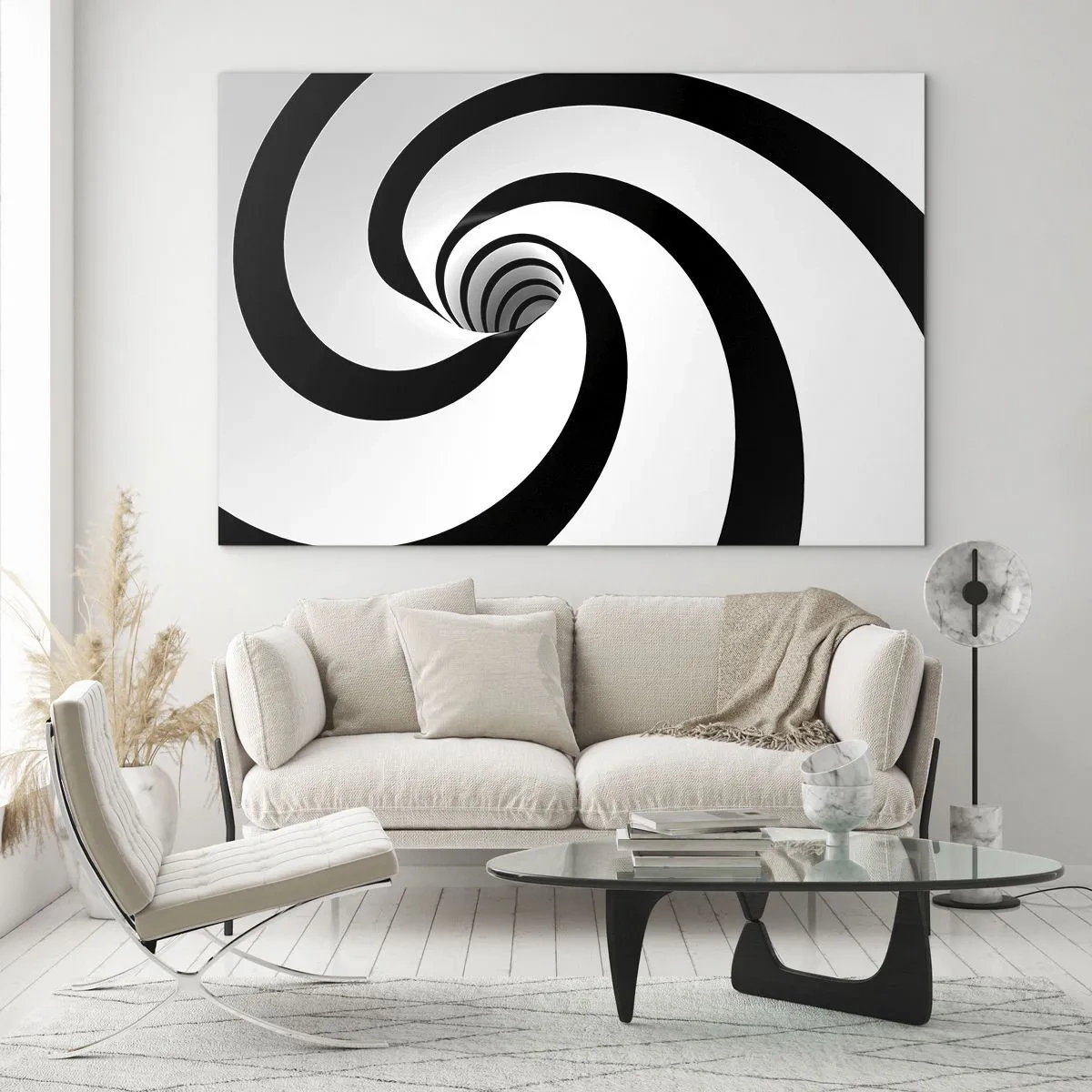 Glastavla - Bild på glas - Hypnotiskt spiralmönster i svart och vitt - 70x50cm - Underkasta sig virveln? - Modern väggdekoration för vardagsrum och sovrum ARTTOR
