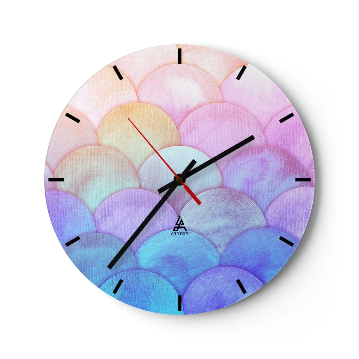 Väggklocka - Klocka på glas - Halvcirkelformade pastellfärger i nyanser av rosa, lila och blått - 30x30cm - Pärlskal - Modern väggdekoration för vardagsrum, kök och sovrum ARTTOR