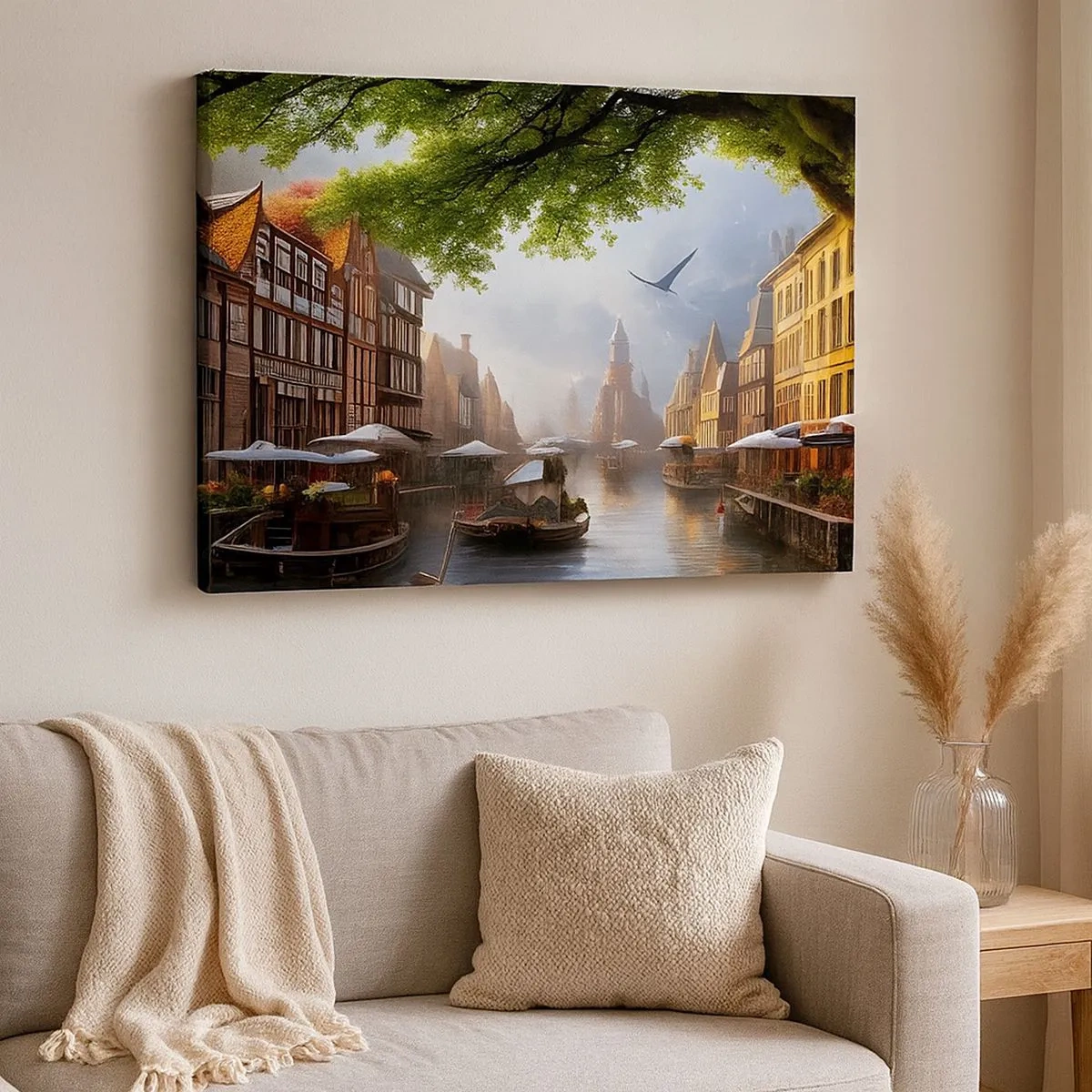Canvastavla - Bild på duk - Ett pittoreskt holländskt landskap med en kanal och hyreshus - 70x50cm - Holländsk stadsbild - Modern väggdekoration för vardagsrum och sovrum ARTTOR