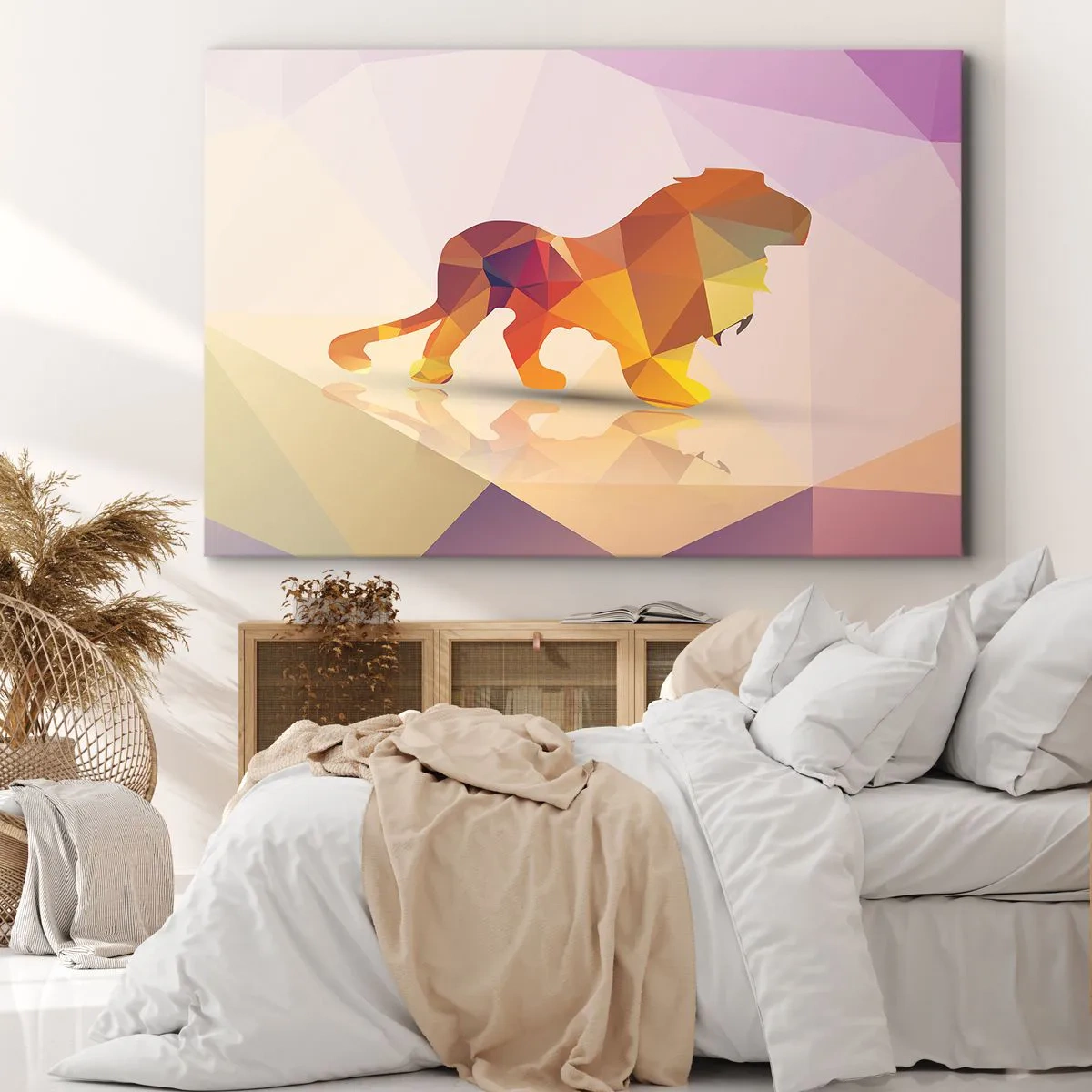 Canvastavla - Bild på duk - Geometrisk silhuett av ett lejon i nyanser av gult och orange - 70x50cm - Diamantkung - Modern väggdekoration för vardagsrum och sovrum ARTTOR