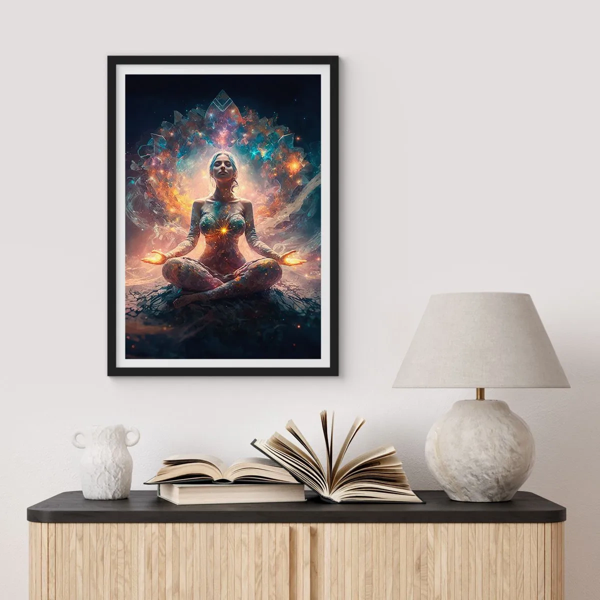 Affisch i svart ram - Mystisk meditation omgiven av kosmisk energi - 50x70cm - Flöde av god energi - Modern väggdekoration för vardagsrum och sovrum ARTTOR