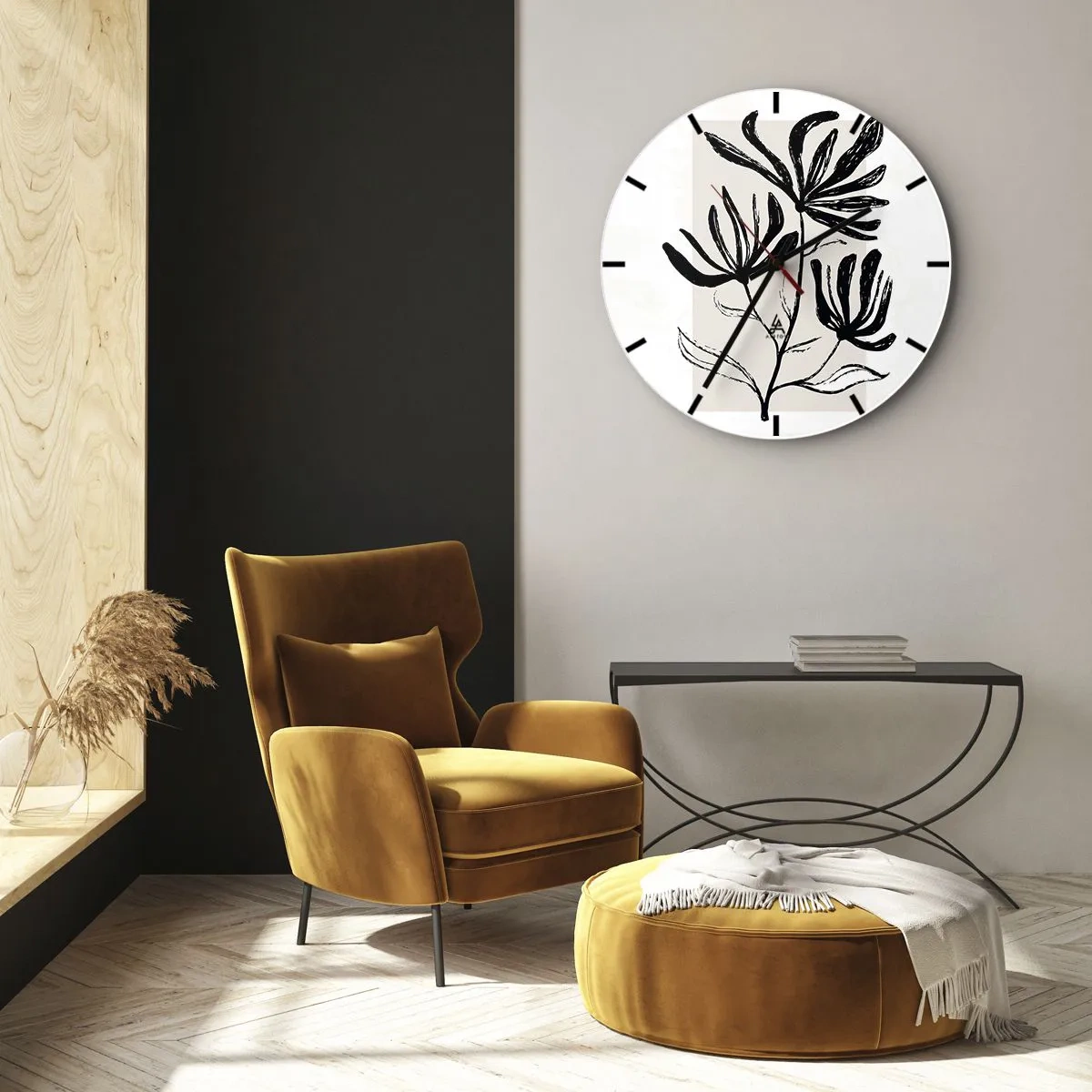 Väggklocka - Klocka på glas - En svart skiss av en växt mot en ljus bakgrund med en beige accent. - 30x30cm - Skiss för ett herbarium - Modern väggdekoration för vardagsrum, kök och sovrum ARTTOR