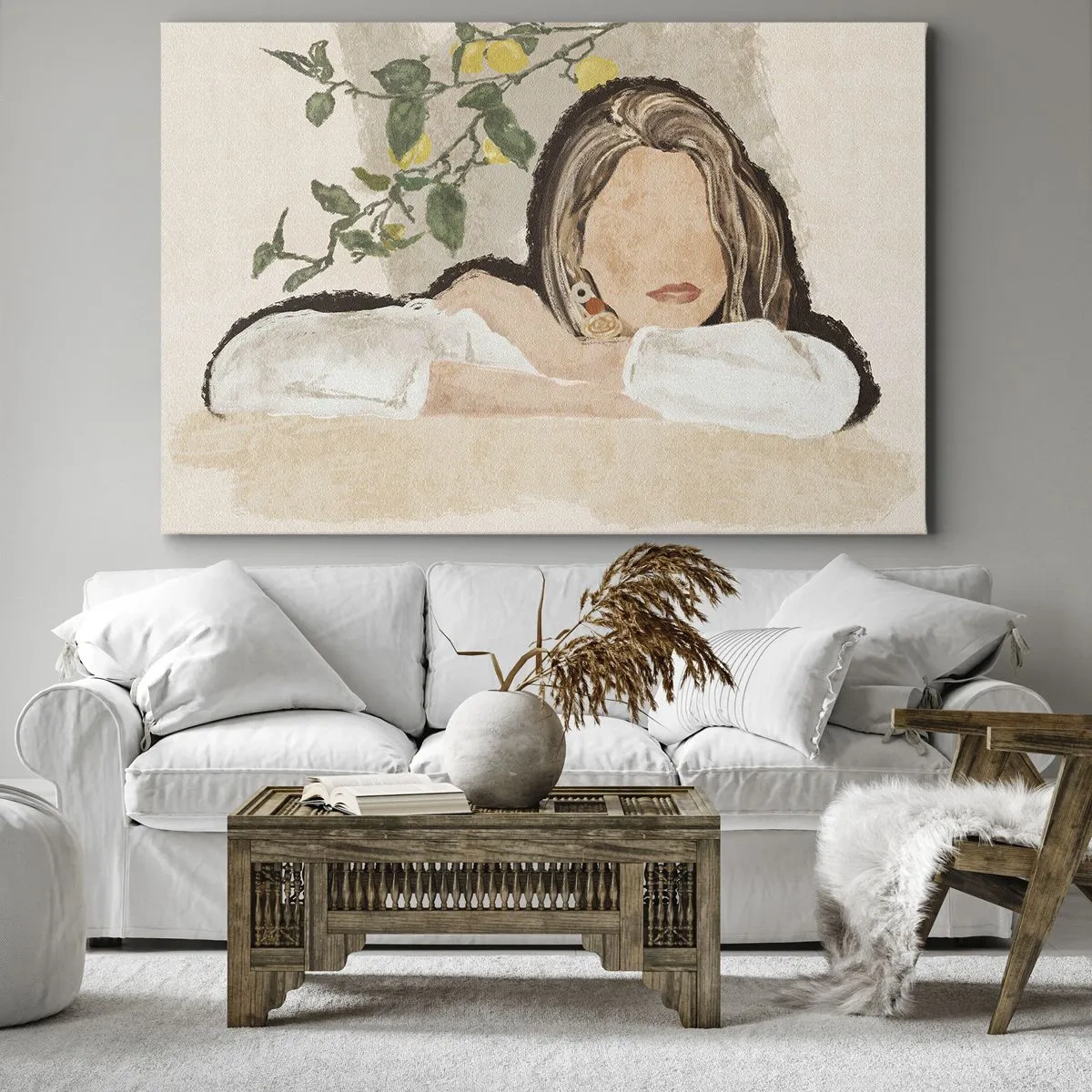 Canvastavla - Bild på duk - En kvinnas figur mot bakgrund av ett citronträd - 70x50cm - Sydlig skönhet - Modern väggdekoration för vardagsrum och sovrum ARTTOR