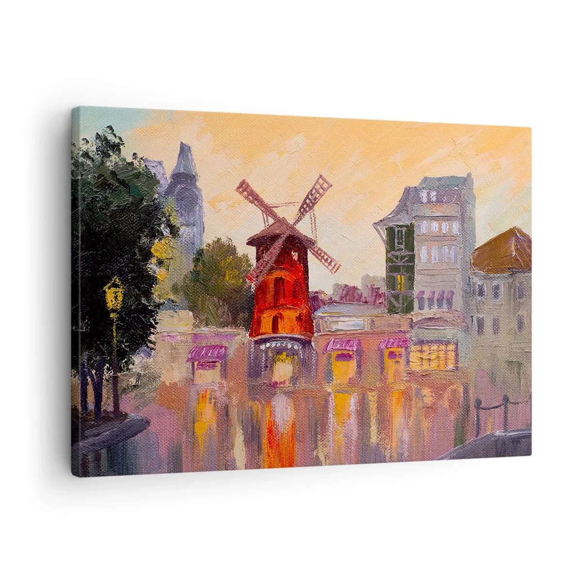 Canvastavla - Bild på duk - Moulin Rouges röda väderkvarn omgiven av stadsbilden - 70x50cm - Ikoner av Paris – Moulin Rouge - Modern väggdekoration för vardagsrum och sovrum ARTTOR