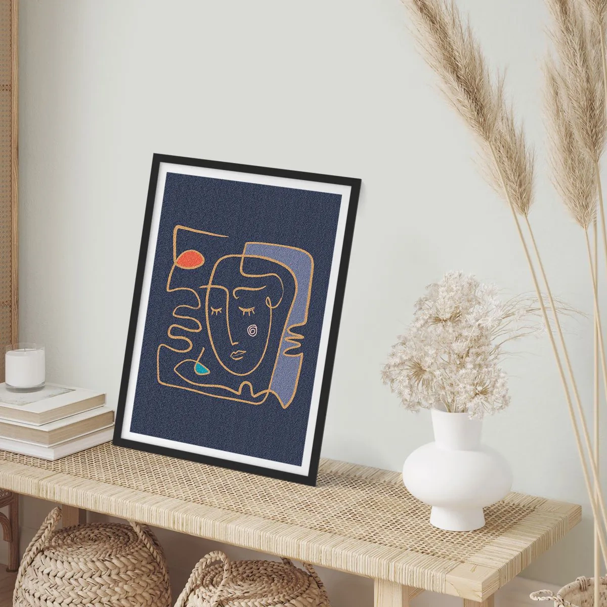 Affisch i svart ram - Minimalistiskt abstrakt ansikte på en marinblå bakgrund i linjekonststil - 50x70cm - I drömmarnas värld - Modern väggdekoration för vardagsrum och sovrum ARTTOR