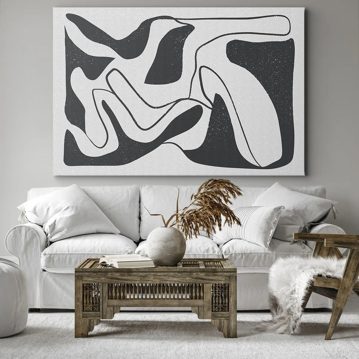 Canvastavla - Bild på duk - Svartvit abstraktion med organiska former - 70x50cm - Abstrakt lek i en labyrint - Modern väggdekoration för vardagsrum och sovrum ARTTOR